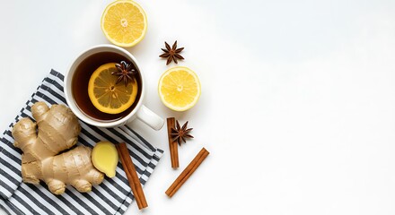 Healthy Herbal Tea with Ginger, Lemon, and Spices on White Background