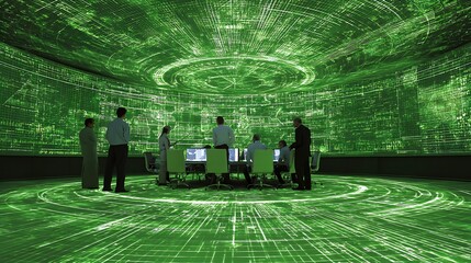 Synthetic researchers comparing glowing green data charts projected into the center of the room
