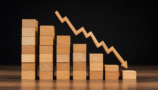 Wooden blocks forming a downward trending bar chart with a zigzag arrow indicating decline