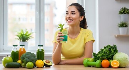 Obraz premium Healthy Woman Enjoying a Refreshing Drink with Fresh Fruits and Vegetables