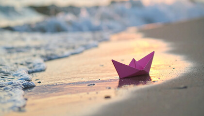 Idyllic scene of vibrant paper boat floating on shoreline during sunset, sea waves. Summer time.