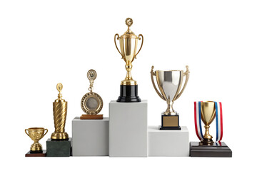 Achievement Awards Gold, Silver, Bronze Trophies and Medals on Display