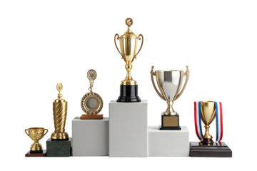 Achievement Awards Gold, Silver, Bronze Trophies and Medals on Display