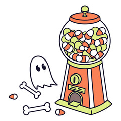 Illustration of a gumball machine filled with candy corn next to a ghost and scattered bones and candy
