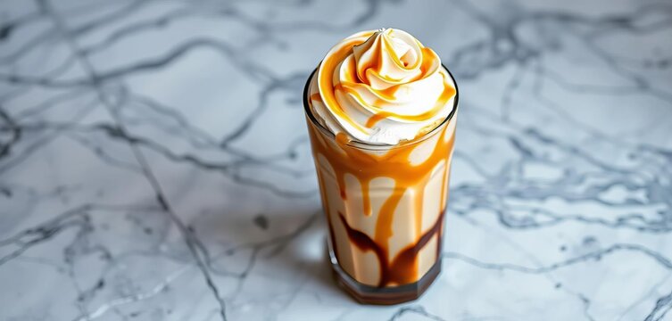 Swirling caramel frappe topped with whipped cream sits on a cool marble surface, surface, cold