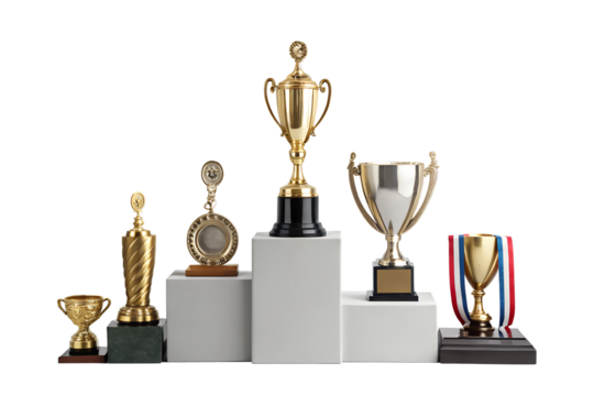 Achievement Awards Gold, Silver, Bronze Trophies and Medals on Display