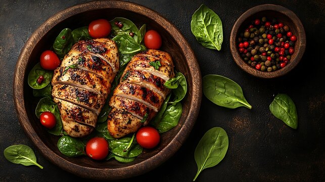 Grilled chicken breast with spinach and cherry tomatoes.