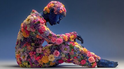 Blue-Skinned Figure in Cross-Legged Pose Covered in Colorful Flowers. Surreal Floral Portrait Evoking Tranquility, Nature, and Artistic Harmony.