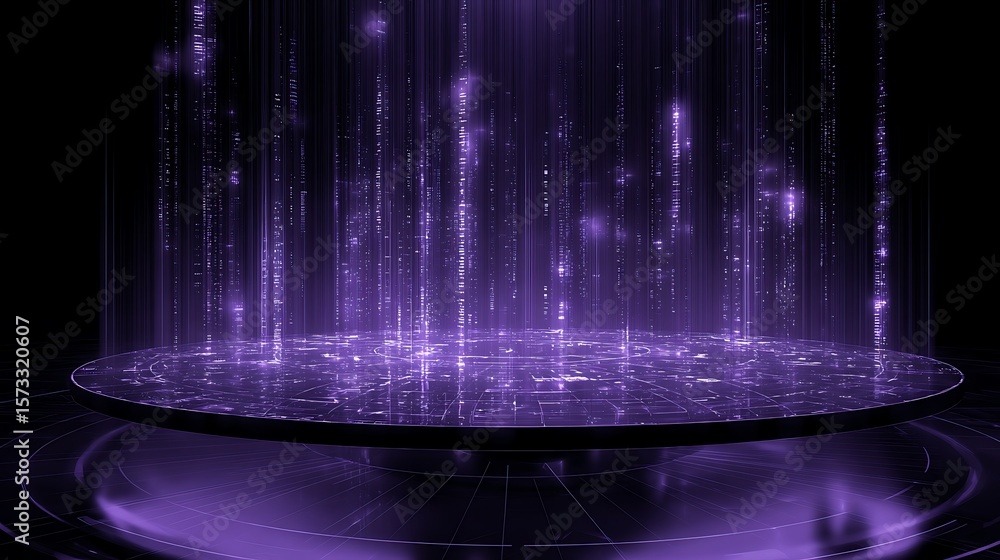 Poster translucent ai data streams hovering above a sleek circular research table under purple lighting