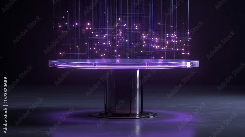 Poster translucent ai data streams hovering above a sleek circular research table under purple lighting