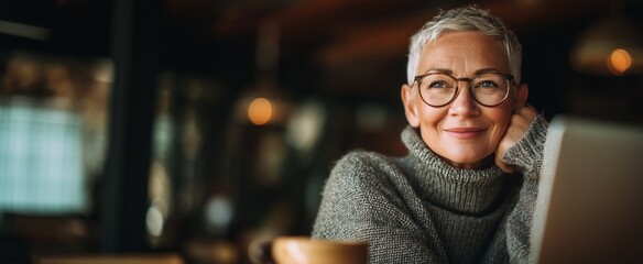 A senior woman with short gray hair and glasses sits comfortably in a cafe, wearing a knit sweater. She looks warm and content, smiling gently while using her laptop and enjoying the ambiance.