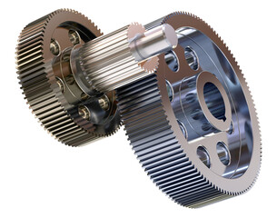 3D render of a complex mechanism with metallic gears and shafts, symbolizing precision, engineering, and interconnectedness. Ideal for industrial and technological concepts.