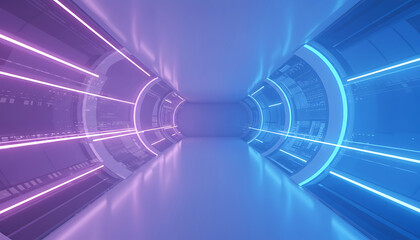 Futuristic sci fi tunnel with neon lights and digital patterns