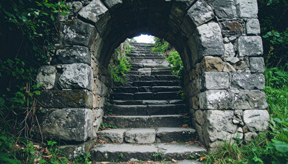 Mystical old stone stairs with arch and walking path. Mysterious entrance. Ancient architecture.