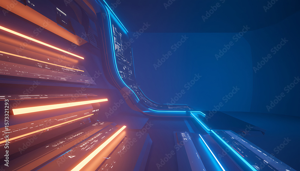 Poster futuristic digital architecture with glowing orange and blue neon lines and data streams