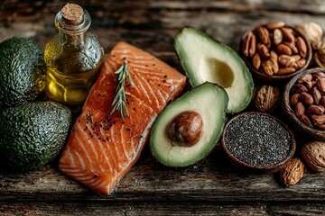 Top View of Healthy Fats on Rustic Wood Table – Avocados, Salmon, Olive Oil, Nuts, and Seeds for Keto, Paleo, and Mediterranean Diets.