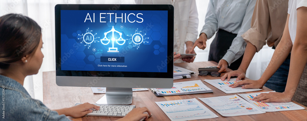 Poster ai ethics responsibility standard law and rules on computer screen provide report of ai ethic transp