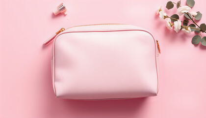 Pink cosmetic bag on soft pink background, flat lay with ample copy space.