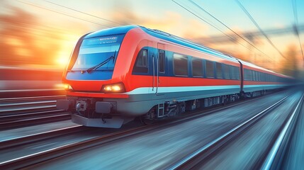 Fototapeta premium High-speed train moving swiftly at sunset.