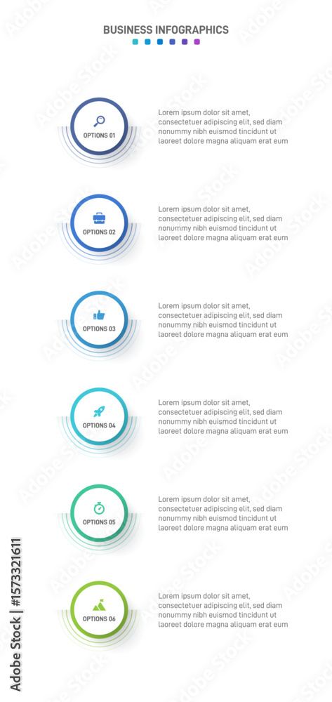 Poster vertical progress bar featuring 6 arrow-shaped elements, symbolizing the six stages of business stra