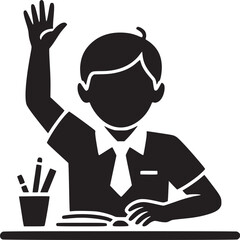 A student raising hand in class while sitting at a desk with a book and pencil holder icon image
