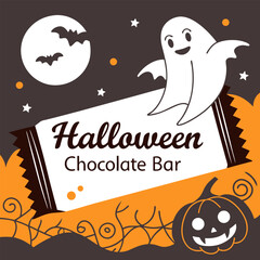 Halloween themed illustration featuring a chocolate bar, ghost, bats, moon, stars, and a carved pumpkin design
