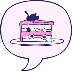 cartoon tasty dessert;cake with speech bubble in comic book style in bright neon color
