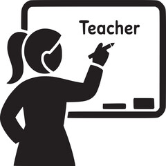 Illustration of a teacher writing on a whiteboard with the word teacher written on the board