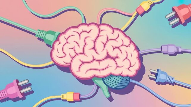 Stylized brain with colorful wires and plugs on pastel background  