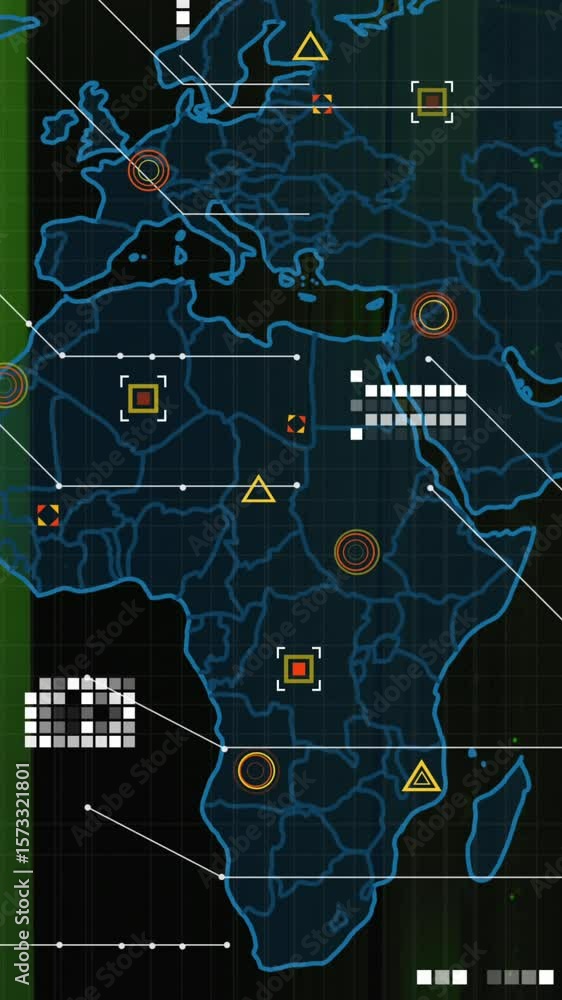Poster animation of financial data processing over world map and computer servers