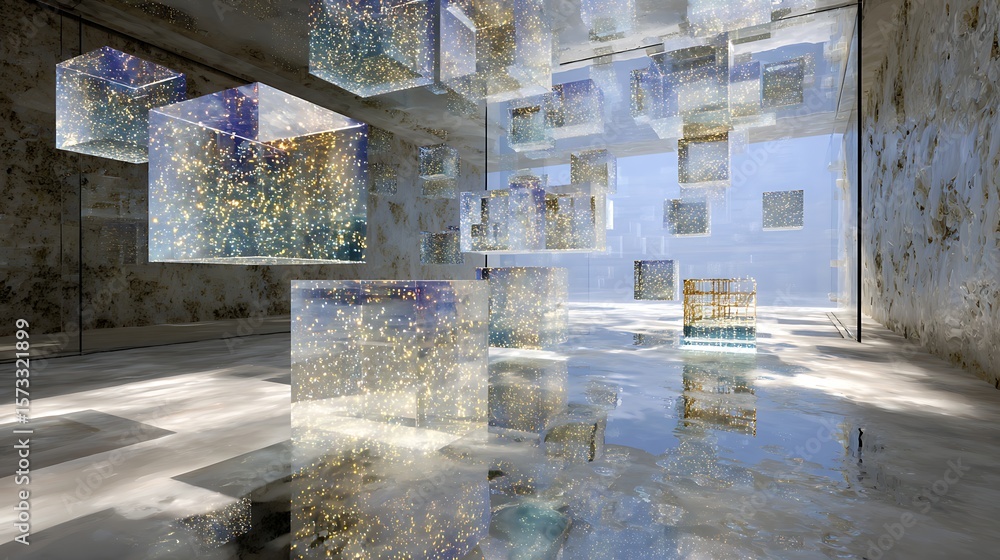 Poster Transparent data cubes rotating in a glass research space showing AI computation in progress 