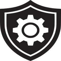 A black shield with a gear inside, on a light gray background, simple and minimalistic design icon vector