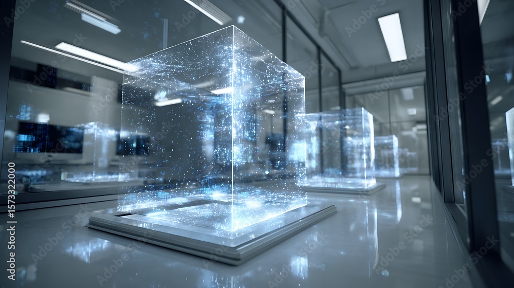 Poster transparent data cubes rotating in a glass research space showing ai computation in progress