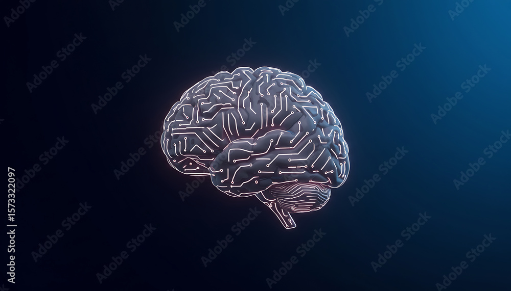 Poster futuristic brain with glowing circuit board patterns on a dark blue background