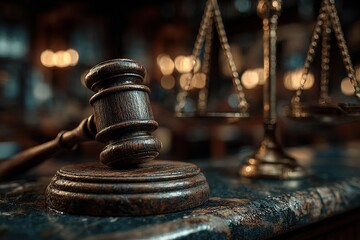 Wooden Gavel and Scales of Justice in Dimly Lit Courtroom. Law, Fairness, and Legal Authority in a Warm Judicial Setting.