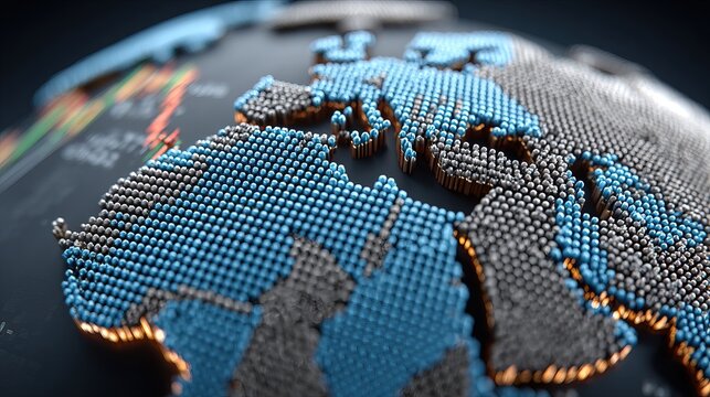 Abstract pixelated world map featuring Europe, Africa, and the Middle East with a stock market chart overlay.