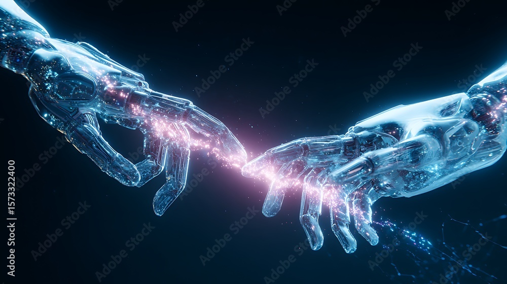 Aufkleber transparent robotic hands interacting with shimmering virtual data streams under bright neon light