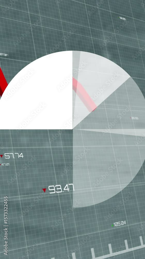 Poster pie graph and red graph moving over financial data processing against empty office