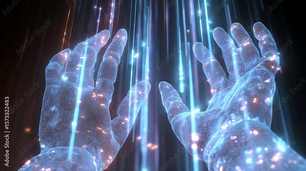 Poster transparent robotic hands interacting with shimmering virtual data streams under bright neon light