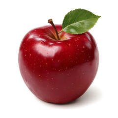 A single vibrant red apple with a green leaf sits on a white background the apple is shiny and displays subtle highlights and texture