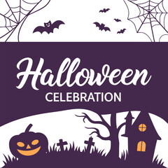 Halloween celebration design featuring bats, spiderwebs, a pumpkin, tombstones, a tree, and a haunted house
