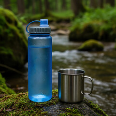 Clean Water on the Go: Filter Bottle and Mug by Stream on White. Isolated.