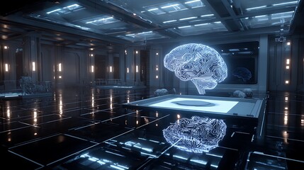 Ultra-clean AI lab showing a hovering brain-shaped light projection with intricate neon details 