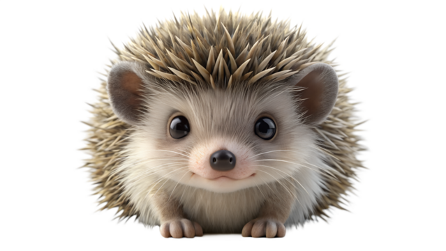 An adorable closeup portrait of a small hedgehog with big, expressive eyes, isolated against a clean transparent background