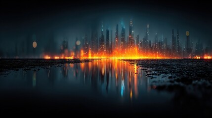 Futuristic cityscape reflecting in a puddle, vibrant orange and blue lights illuminate the dark, modern, night.