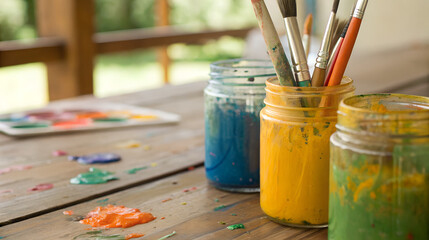 Vibrant Paintbrushes in Colorful Jars An Artistic Still Life
