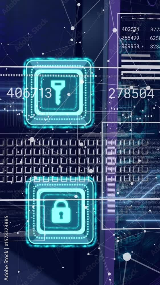 Poster animation of key and padlock, changing numbers over connected dots against server room