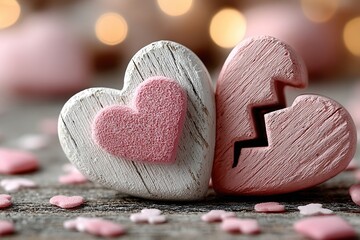 Close-Up of Wooden Heart Shapes with Pink Confetti on Textured Surface. Symbolizing Love, Romance, and Heartbreak in Soft Pastel Tones.