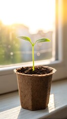 Young Green Sprout in Peat Pot by Sunny Window - New Life