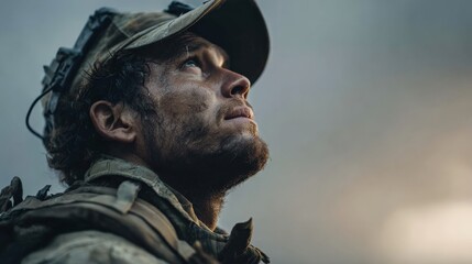 An emotional soldier looking up at the sky, seeking solace, soft, diffused light, cinematic contemplation, peaceful expression.